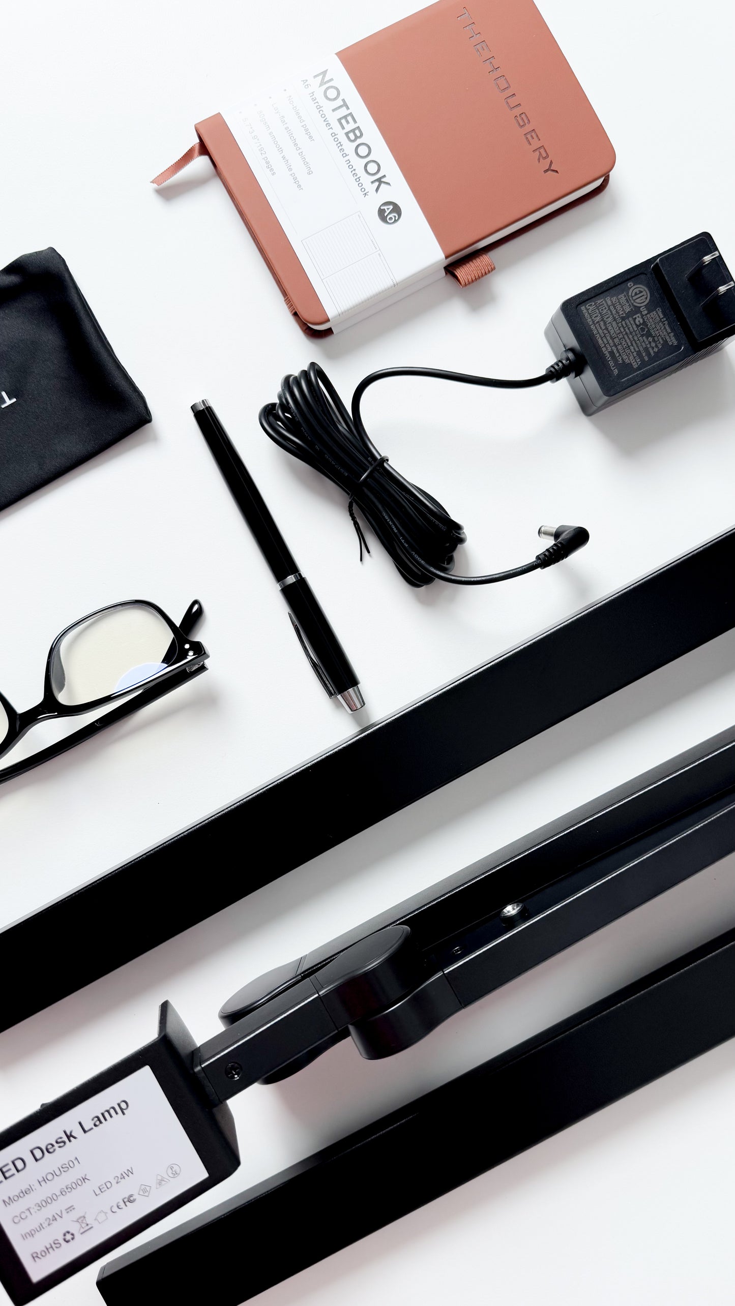 24W THE HOUSERY LED Desk Lamp With Strong Clamp, Bonus Notebook + Pen and Bluelight Blocking Glasses, 24W 3000K-6500K Architect Style Swing Arm (Matte Black)