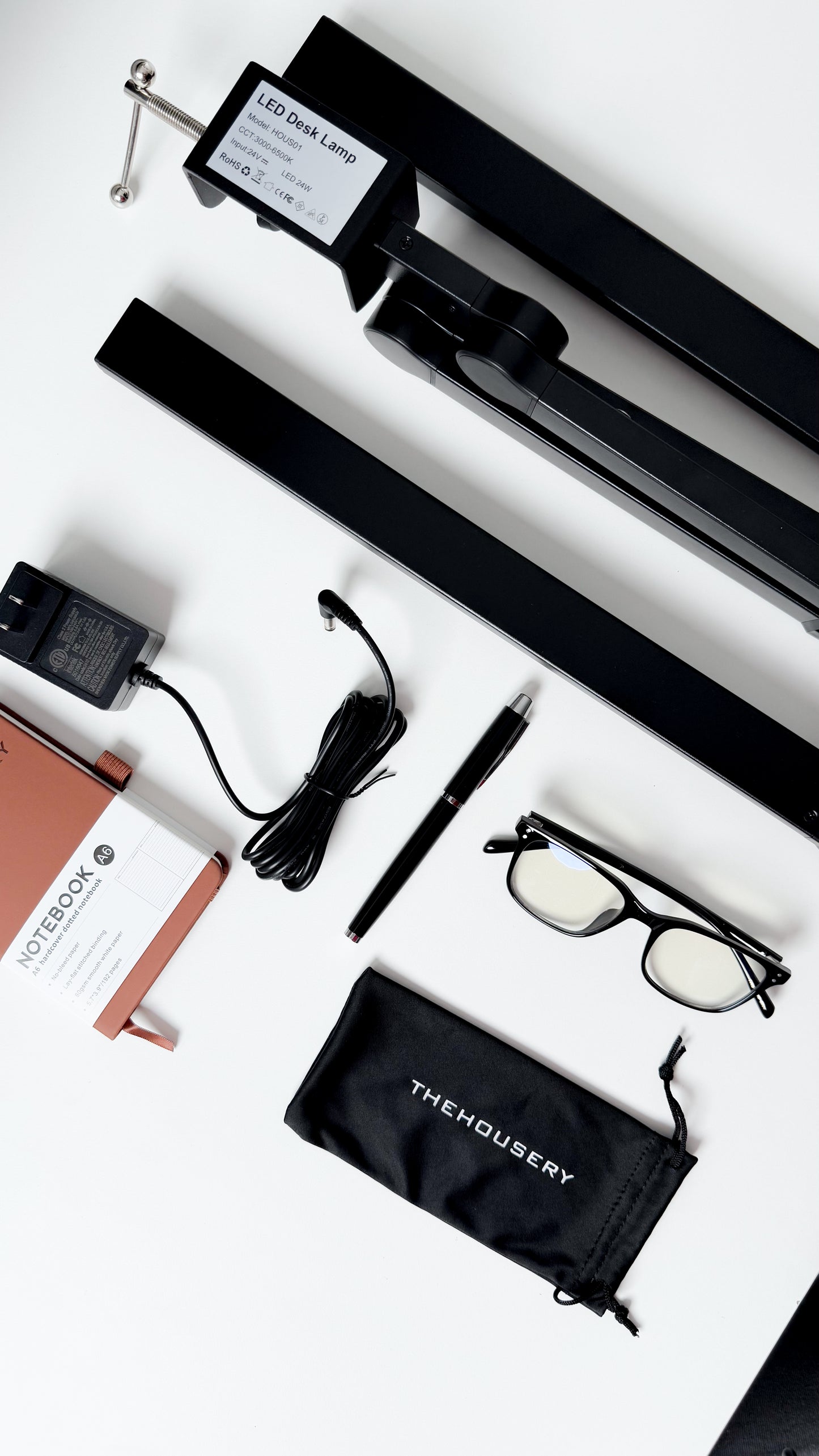24W THE HOUSERY LED Desk Lamp With Strong Clamp, Bonus Notebook + Pen and Bluelight Blocking Glasses, 24W 3000K-6500K Architect Style Swing Arm (Matte Black)