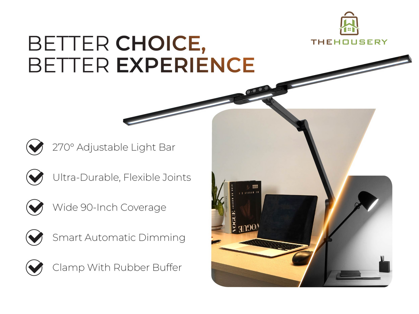 24W THE HOUSERY LED Desk Lamp With Strong Clamp, Bonus Notebook + Pen and Bluelight Blocking Glasses, 24W 3000K-6500K Architect Style Swing Arm (Matte Black)