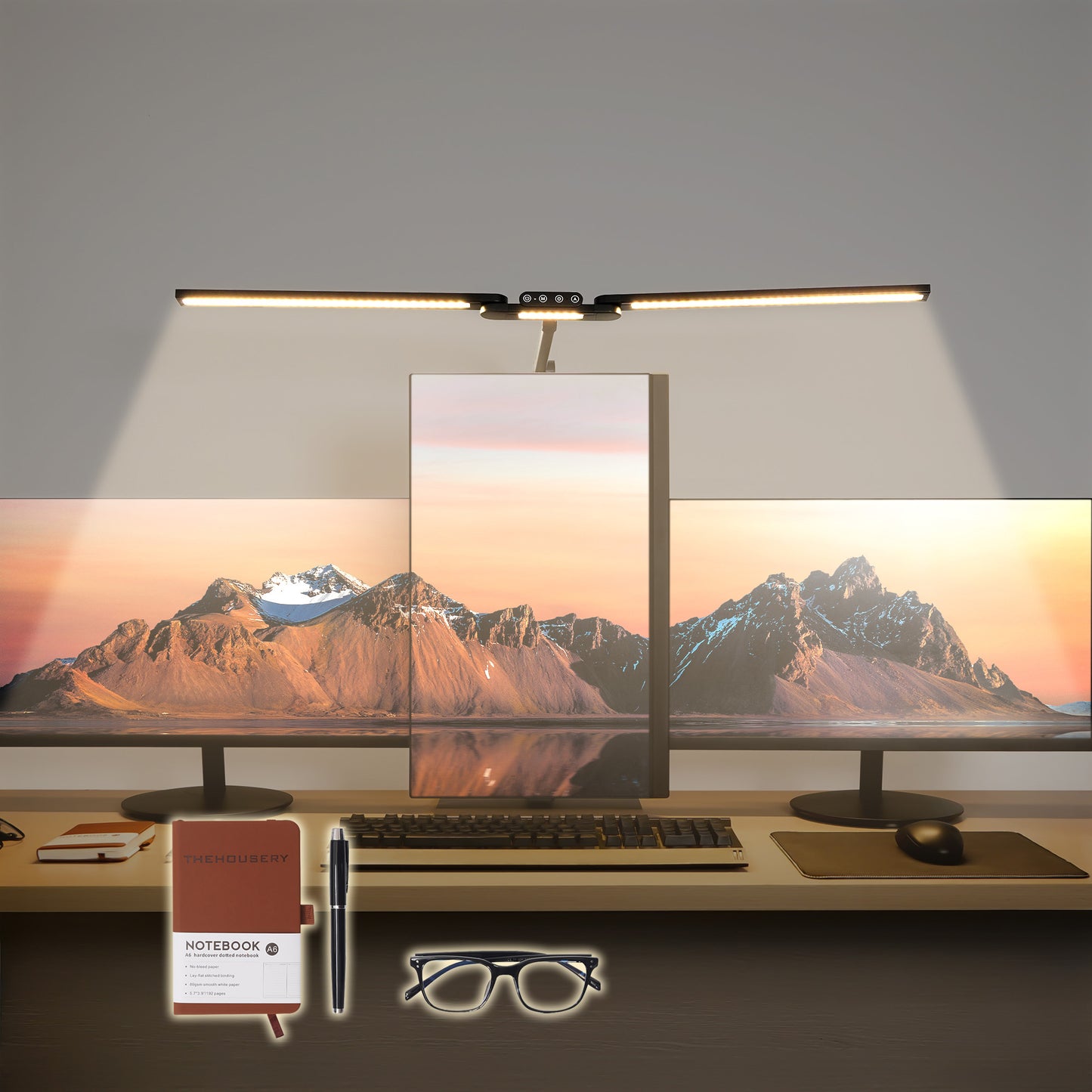 24W THE HOUSERY LED Desk Lamp With Strong Clamp, Bonus Notebook + Pen and Bluelight Blocking Glasses, 24W 3000K-6500K Architect Style Swing Arm (Matte Black)