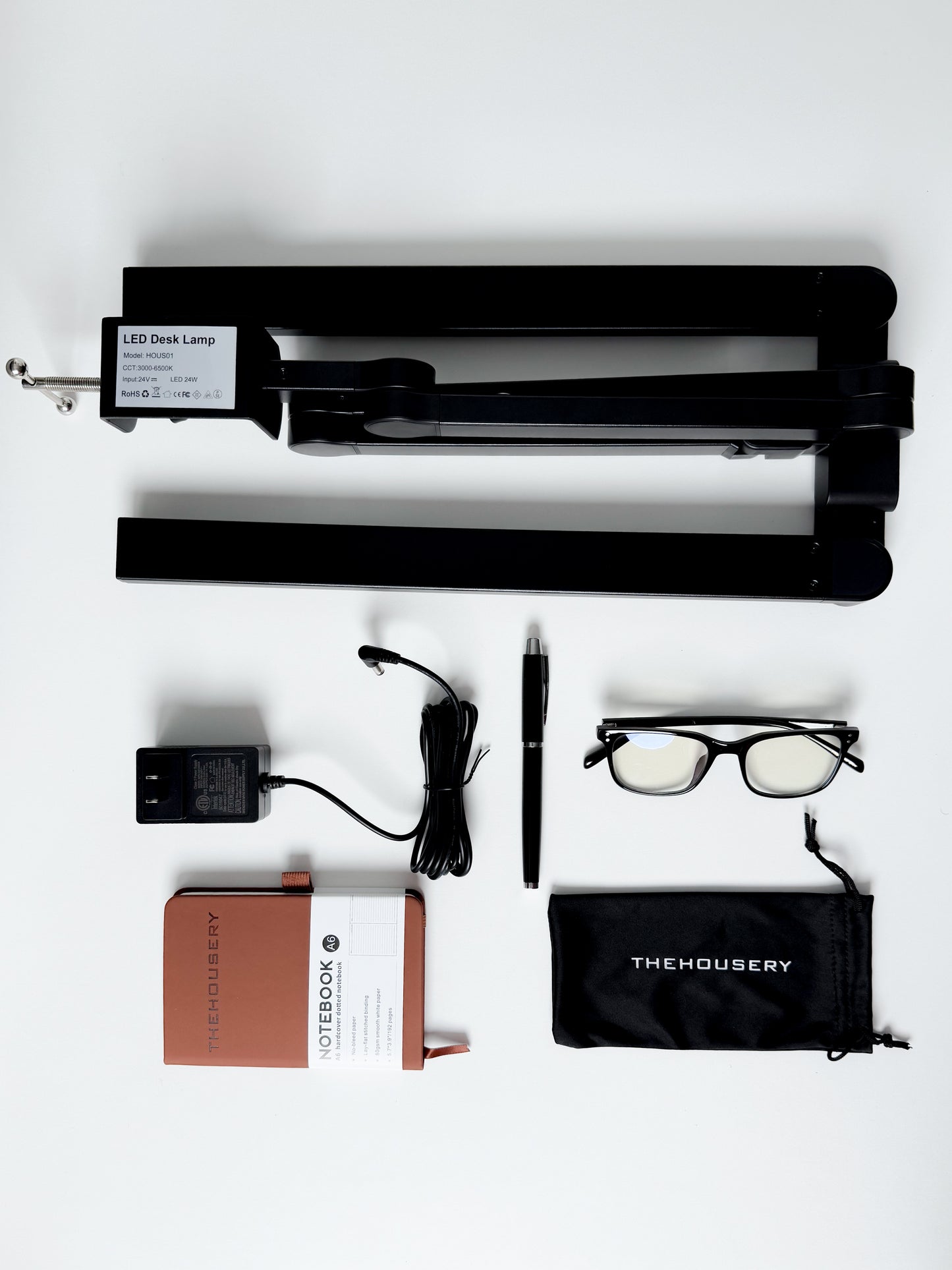 24W THE HOUSERY LED Desk Lamp With Strong Clamp, Bonus Notebook + Pen and Bluelight Blocking Glasses, 24W 3000K-6500K Architect Style Swing Arm (Matte Black)